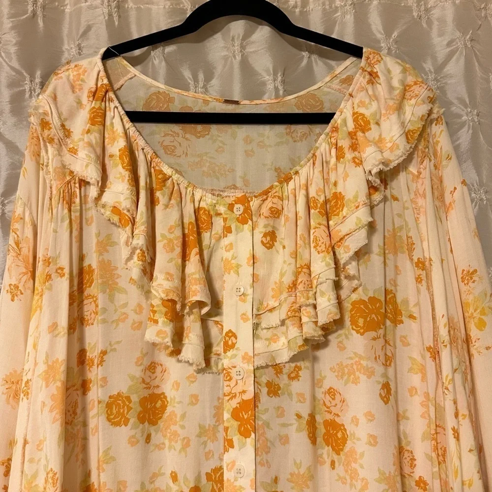 Free People Loretta Tunic Top Tea Combo Cream Yellow Floral Print Ruffle Boho